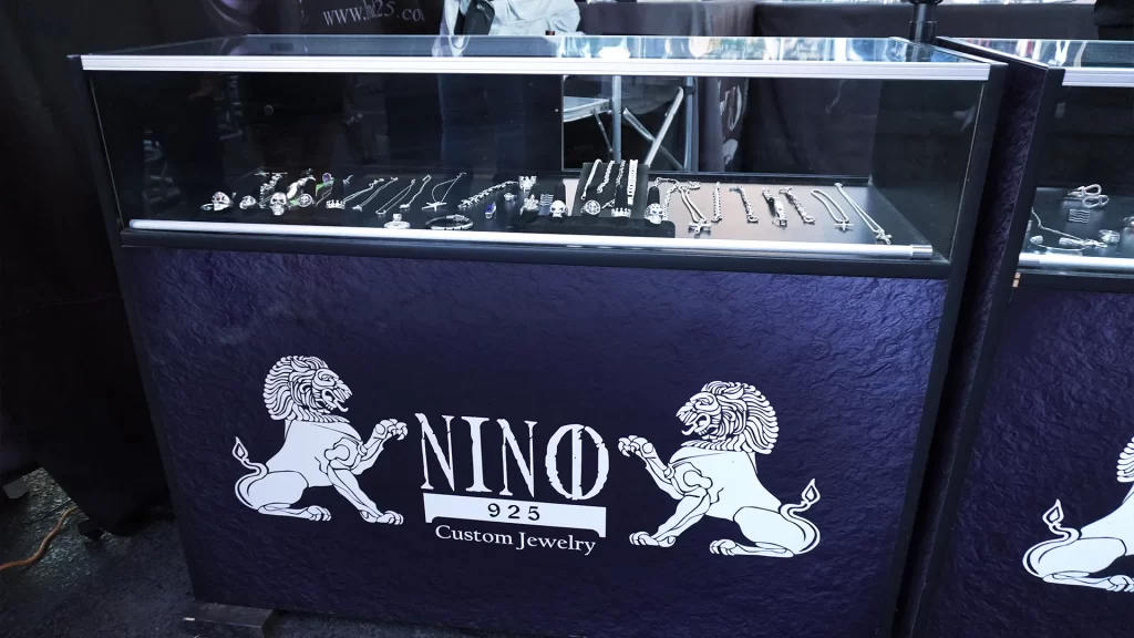 A merchandise booth for Nino's jewelry